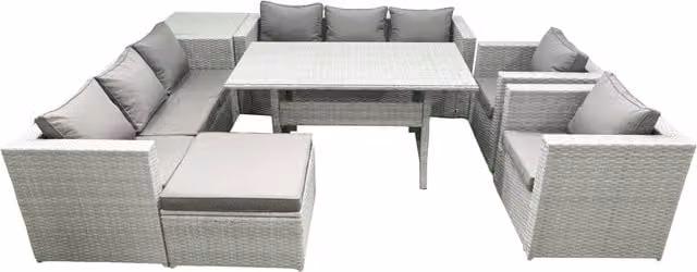 Fimous 8 Seater Rattan Garden Furniture Set in Light Grey with Dining Table, 2 Chairs, Side Table and Footstool – 1