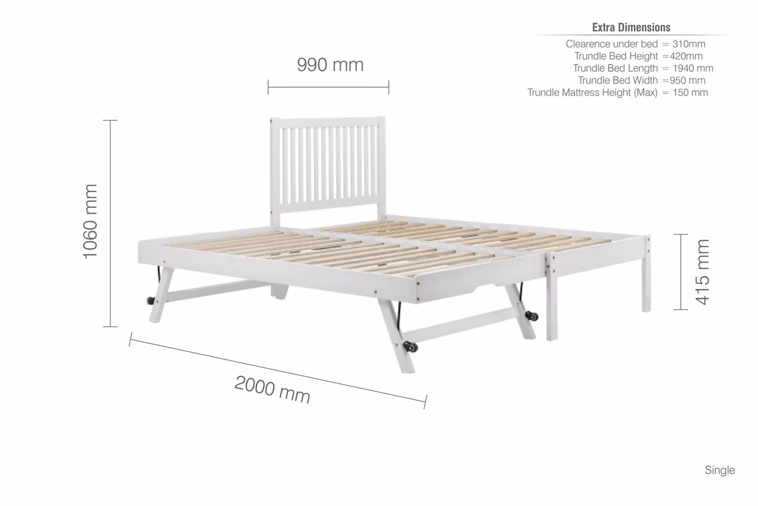 Birlea Buxton Single White Wood Guest Bed with Trundle and 2 Mattresses W/D/H: 90 x 200 x 106 cm – 3