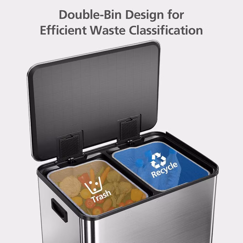 London Boutique Stainless Steel Double Kitchen Trash Can with Soft-Close Lid and Pedal, Silver, 2 x 30L – 6