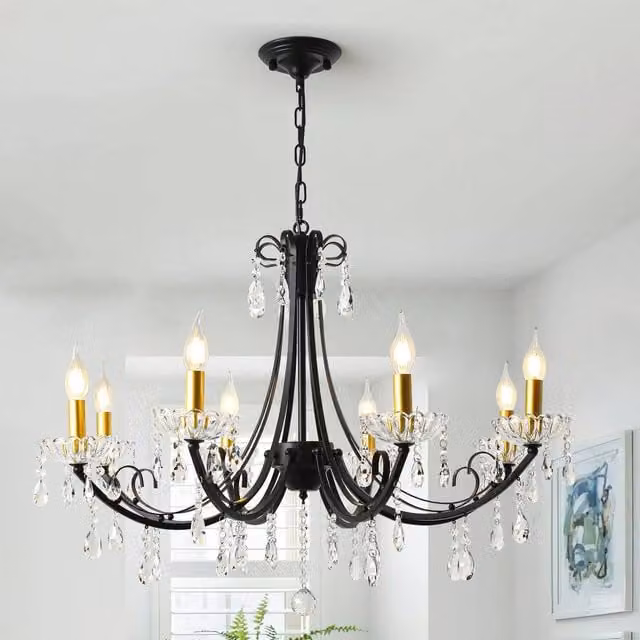 Garwarm 8-Light Crystal Dimmable Classic Chandelier in Black and Gold/Brass with Transparent Crystals – 1