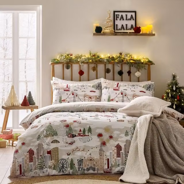 Furn Joy To All Christmas Graphic Printed Reversible Duvet Cover Set, Multicolour, 200 x 200 cm