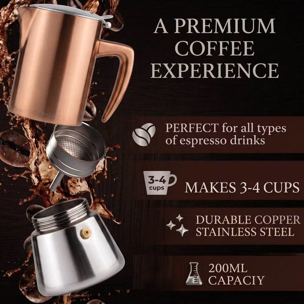 Crystals 4 Cup Stainless Steel Espresso Maker Stovetop Coffee Moka Pot in Copper/Bronze, 200ml – 3