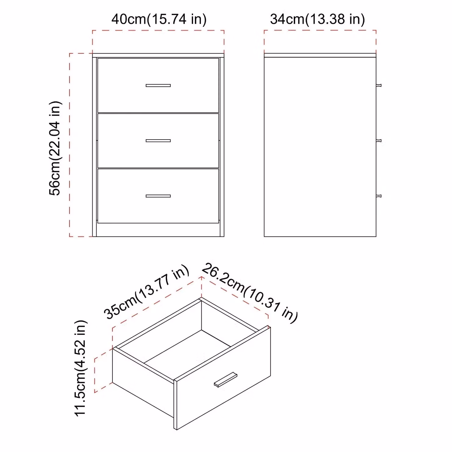 EONLION Black Wooden 3 Drawer Bedside Cabinet and Nightstand Storage Side Table – 2