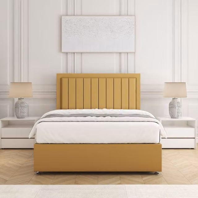 BSSPOKE Zarah Super King Divan Bed Set with 24 inch Headboard and Mattress in Mustard Yellow Plush Velvet