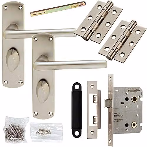 Loops Door Handle and Bathroom Lock Pack in Satin Chrome with Long Backplate