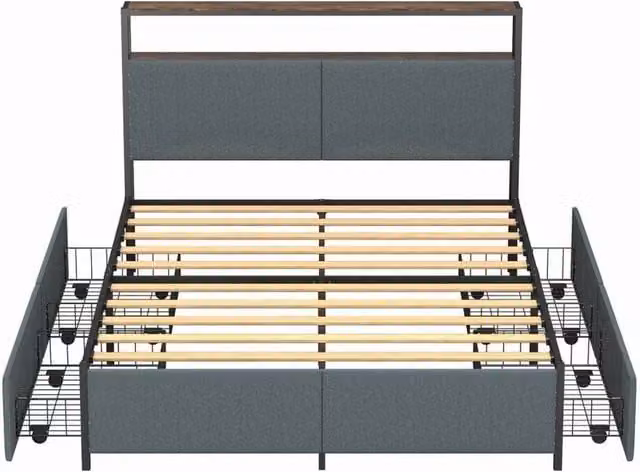 FLAVORA Metal Bed Frame with Headboard and Drawers in Grey