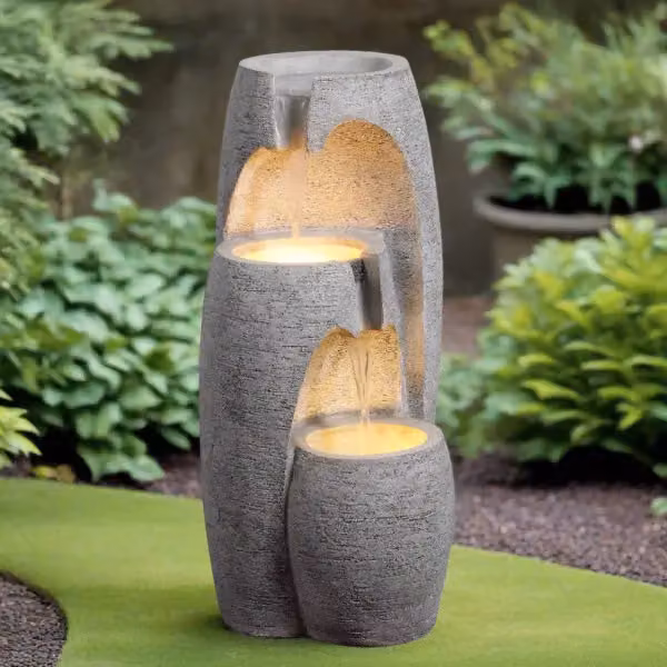 Teamson Home Garden Modern 3-Tier Cascading Urn Outdoor Water Feature with LED Lights, Grey – 2