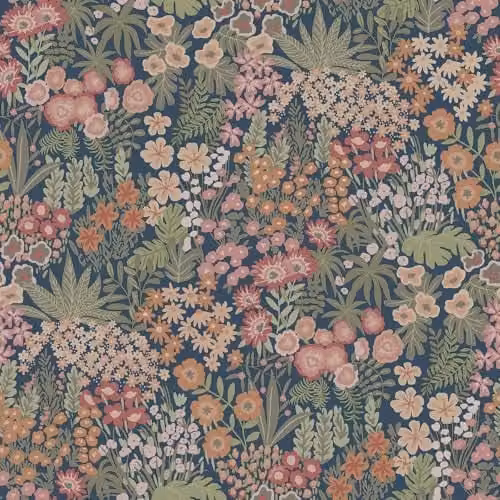 Holden Decor Everbloom Floral and Forest Themed Wallpaper in Emerald Navy Blue, Pink and Orange