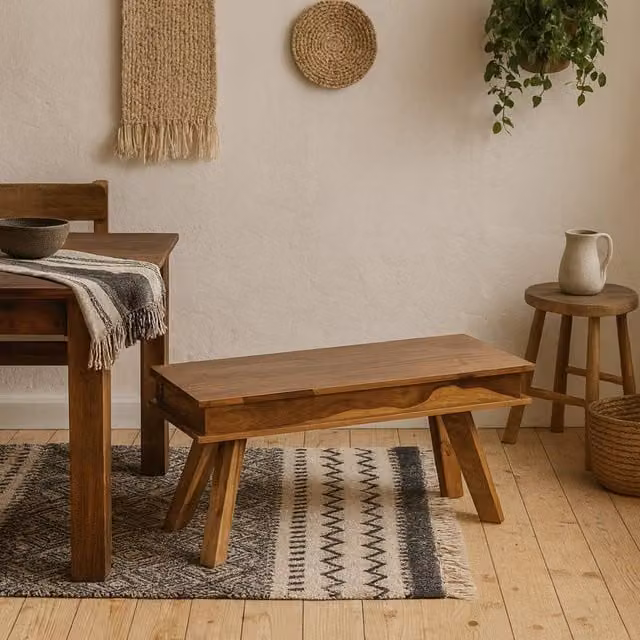 Wyld Haus New York Sheesham Wood Dining Bench in Natural Brown, Width: 145 cm
