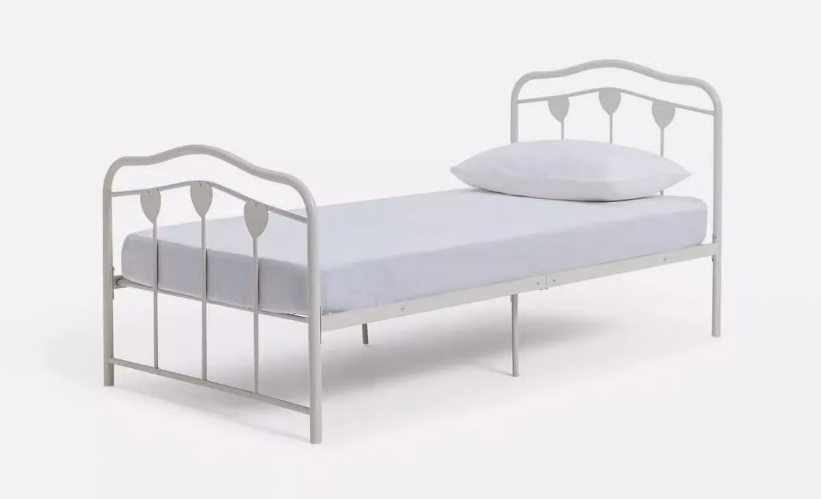 Hearts Single Metal Bed Frame in White for Childrens Bedrooms, W/D/H: 90 x 190 cm