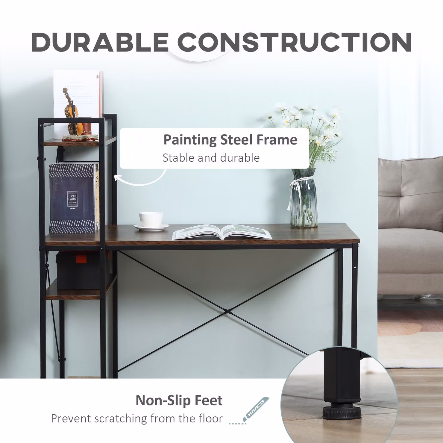HOMCOM Modern Computer Desk with 4-Tier Bookshelf and Metal X-Frame, Rustic Brown and Black – 5