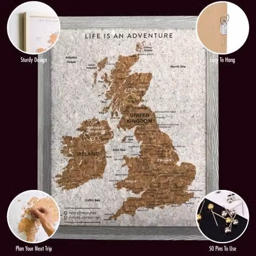 Splosh Travel Map UK and Ireland Pin Board with Grey Cork and Wooden Frame, including 100 Pins – 2