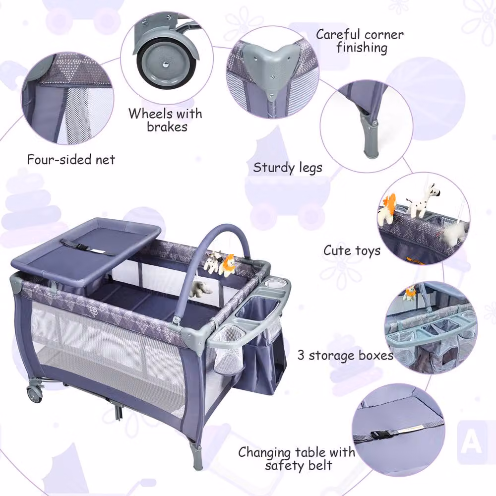 Costway 3 in 1 Foldable Travel Cot, Baby Crib and Playard with Bassinet in Grey – 7