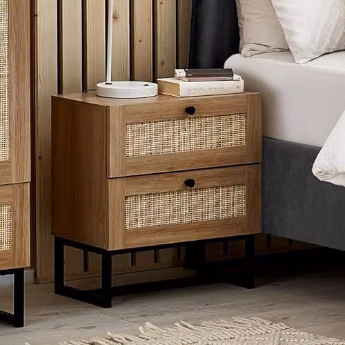 Julian Bowen Padstow 2 Drawer Bedside Table in Light Oak and Rattan, W/D/H: 50 x 30 x 55 cm