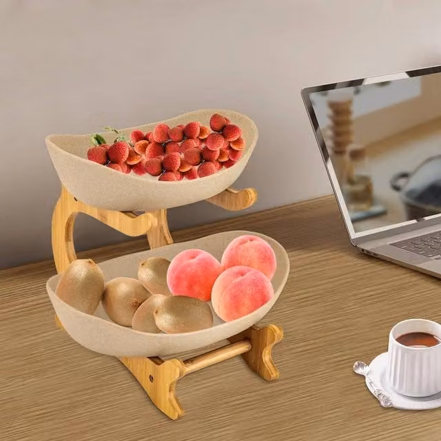 EONLION 2-Tier Solid Bamboo Wood Fruit Bowl and Kitchen Counter Storage Rack in Beige