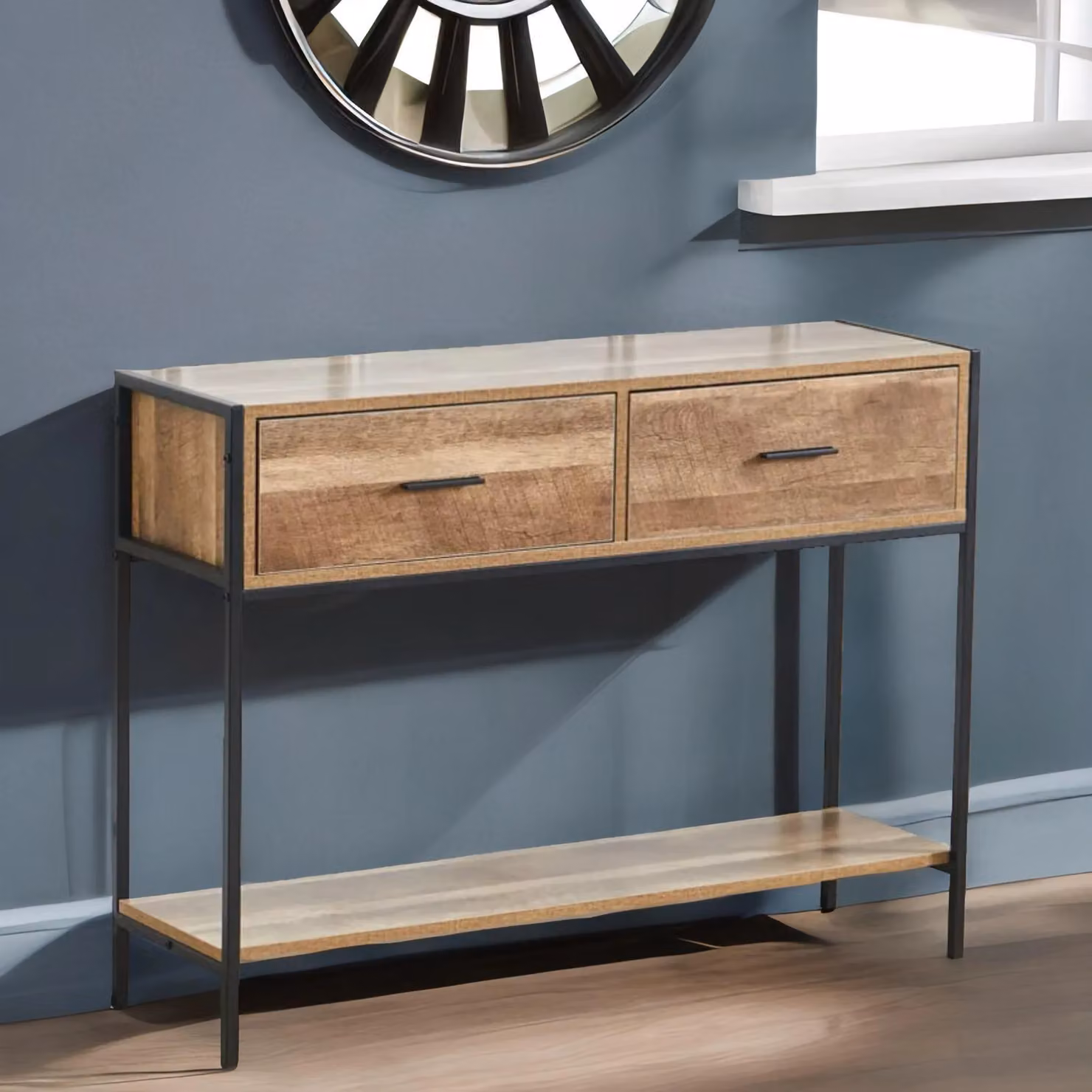 Rafaelo Mobilia Industrial Console Table with 2 Drawers and Storage Shelf in Natural Brown and Sand, W/D/H: 76 x 29.5 x 29.5 cm – 2
