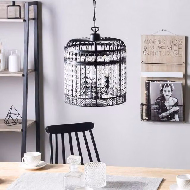 Wyld and Coco Black Iron Cage Pendant Light with Faux Crystal Beads – 1