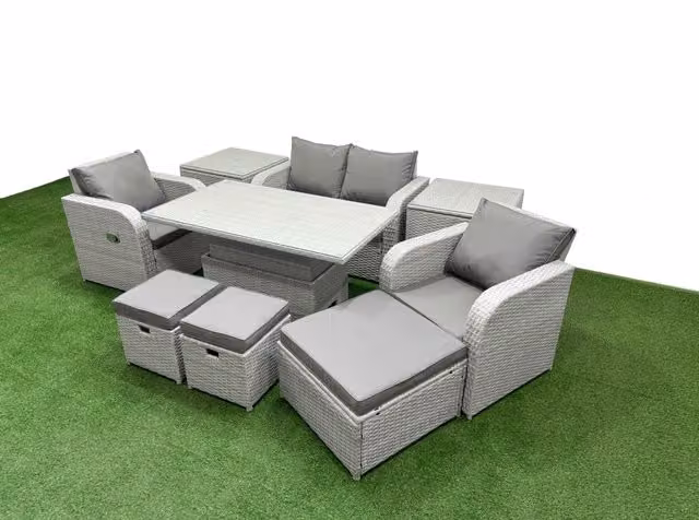 Fimous 7 Seater Grey PE Wicker Rattan Garden Furniture Set with Upholstered Cushions, 2 Seater Sofa, Lounge Armchair, Ottoman and Coffee Table