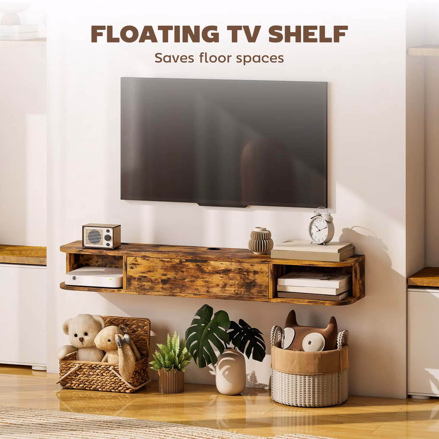 HOMCOM Rustic Brown Floating TV Unit for TVs up to 50 Inch, Width: 120 cm – 4