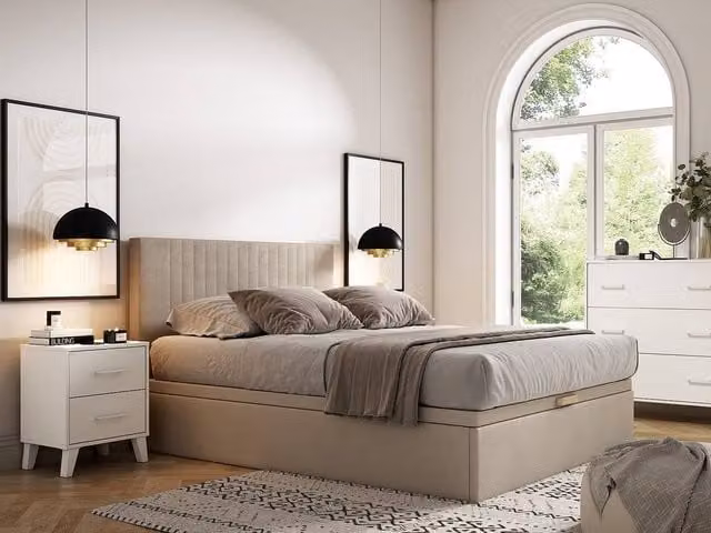 CENOVAS By YSMÉE Double Storage Divan Base in Beige Fabric, W/D/H: 140 x 190 x 35.2 cm