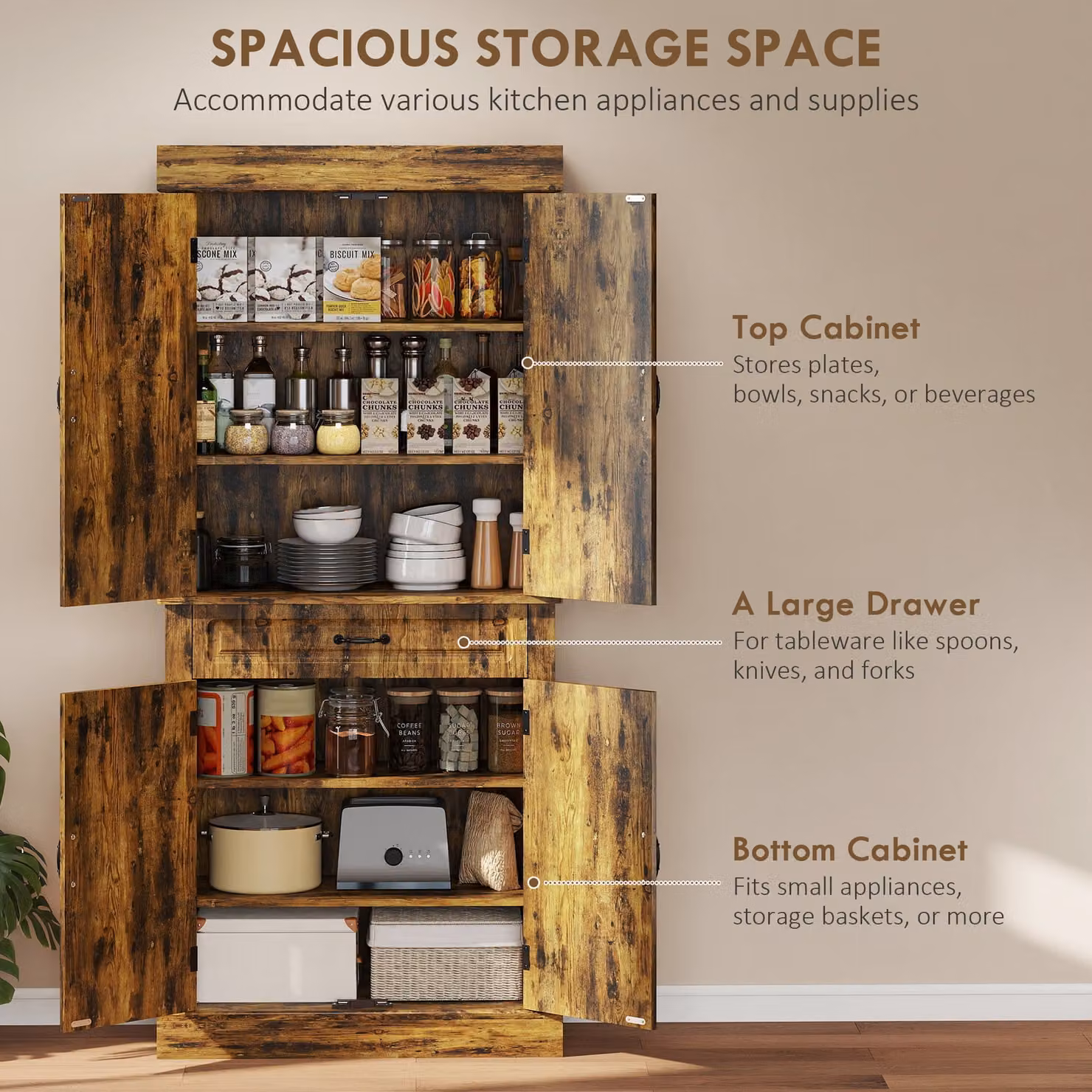HOMCOM Tall Kitchen Pantry Cupboard with Drawer and Shelves, Brown – 3