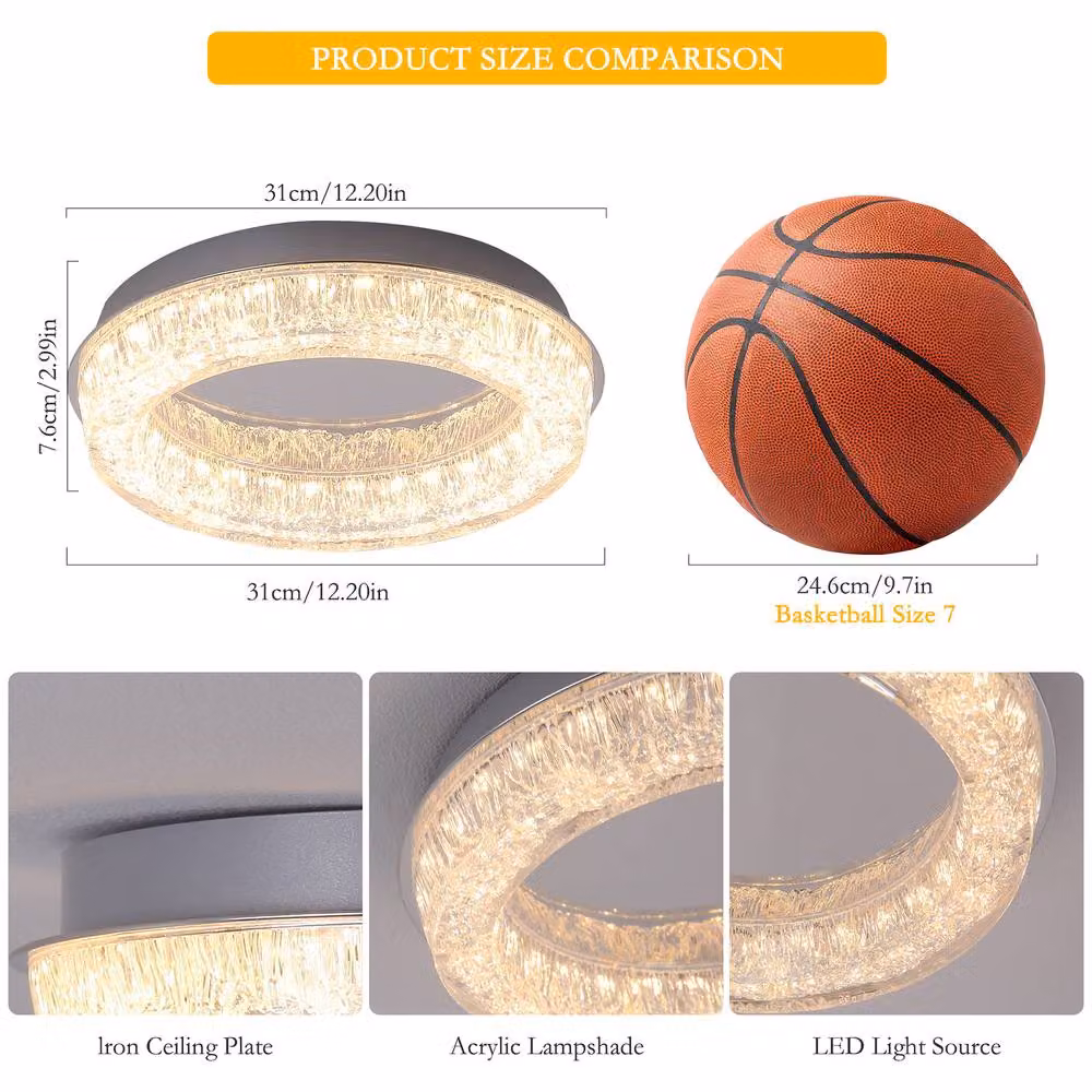 NIVOR Modern Round LED Acrylic Crystal Flush Mount Ceiling Light, Warm White, Clear, Diameter: 31 cm – 2