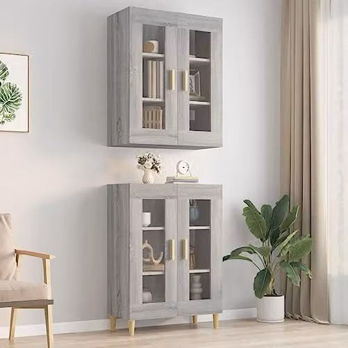 vidaXL Grey Sonoma Hanging Wall Cabinet with Glass Doors, W/D/H: 69.5 x 34 x 90 cm – 1