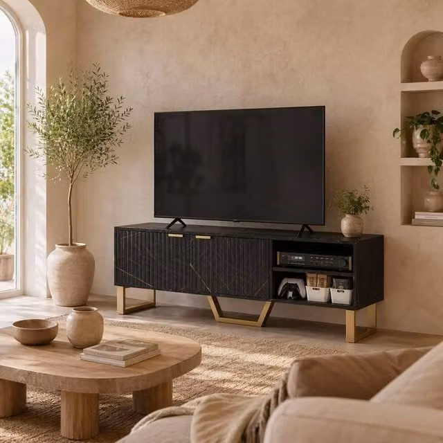 Wyld Haus Baseva Black Marble Effect TV Unit with Fluted Doors and Gold Accents, Width: 140 cm – 1