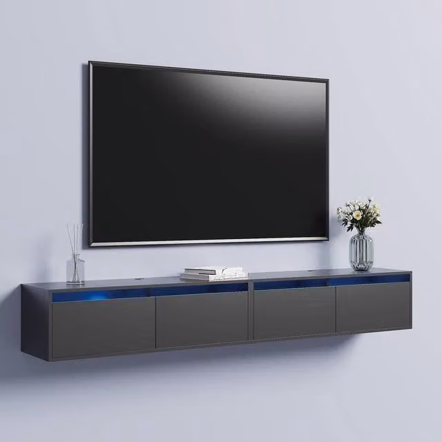 KEEPREAPER Sleek Wall Mounted Floating TV Stand with Integrated LED Lights and Flip-Down Cabinets in Black – 1