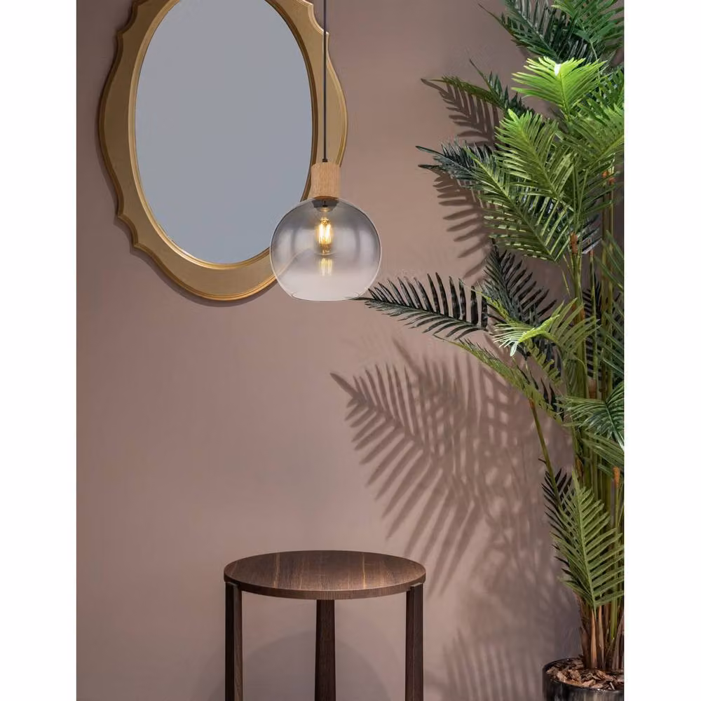 Globo Lighting Moitas Dome Pendant Light in Black and Wood with Smoke Glass Shade, E27, Height: 120 cm, Width: 40 cm, Depth: 25 cm – 3