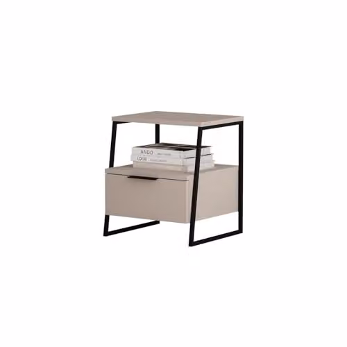 FWStyle Sandstone 1 Drawer Bedside Table with Black Metal Frame in Beige, Height: 50 cm, Width: 45 cm, Depth: 40.9 cm – 2