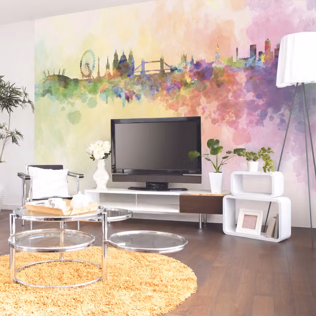 Origin Murals Watercolour London Skyline Modern Wall Mural in Multicolour and Yellow