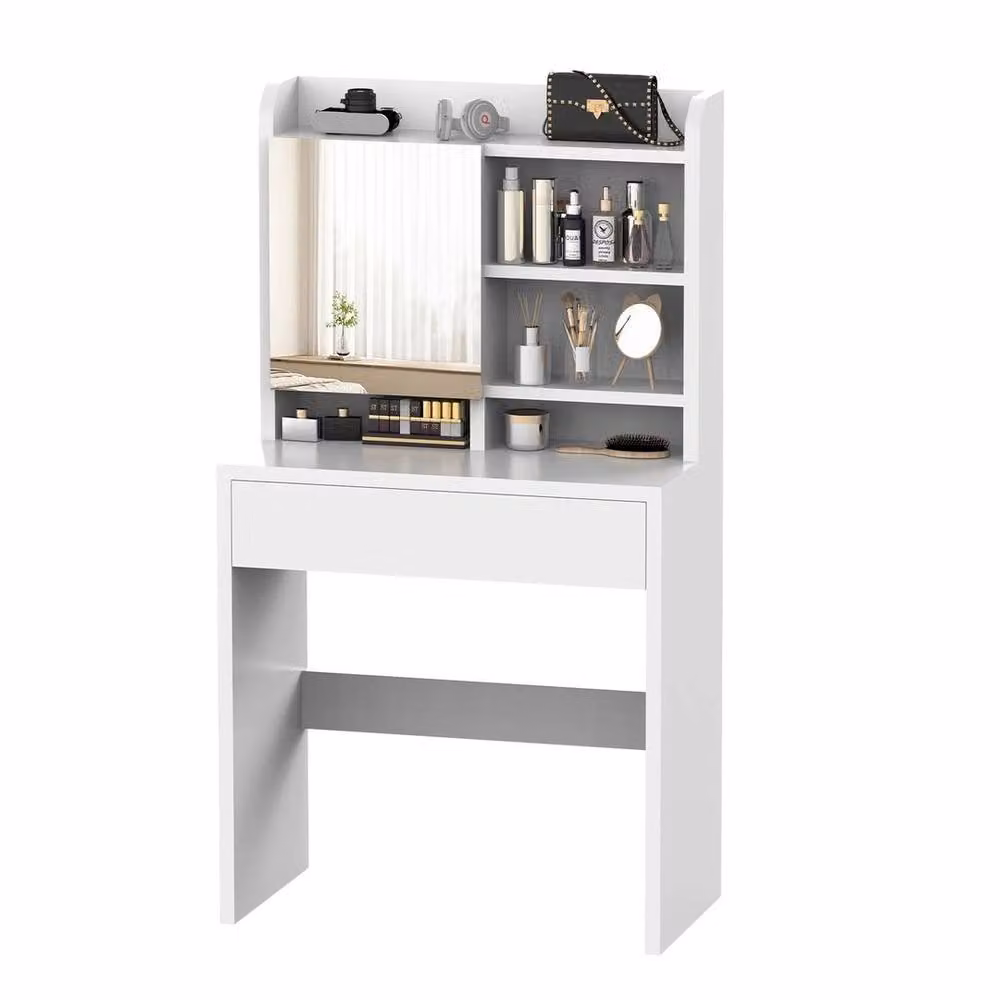 SPETLEK Modern White Dressing Table with Mirror, 7 Shelves and 1 Large Drawer, W/D/H: 70 x 135 x 0 cm – 2