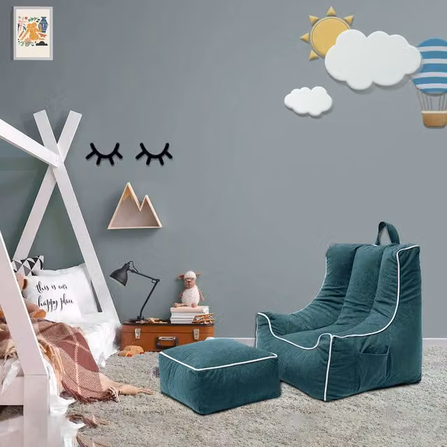 Ready Steady Bed Blue Velvet Kids Bean Bag Chair and Footstool Set, Diameter: 54 cm