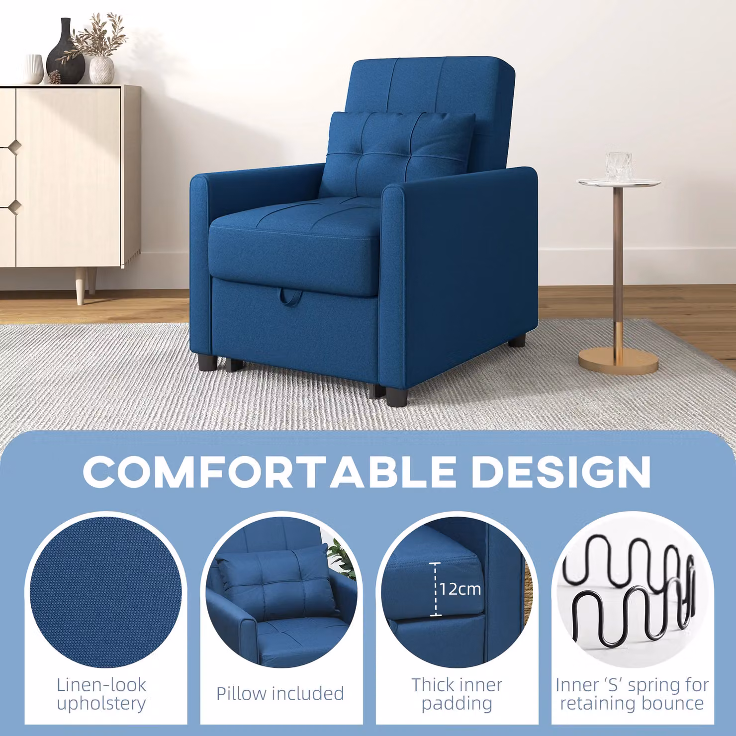 HOMCOM Blue Folding Chair Bed with Pillow and Side Pockets – 4