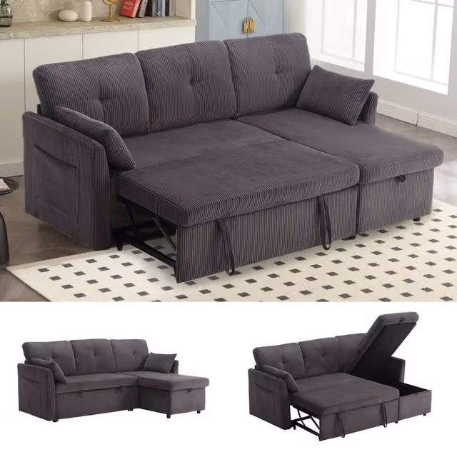 Direct Wicker Grey L-Shape 3-in-1 Convertible Sofa with Storage and Pull-Out Bed, W/D/H: 206 x 150 x 88 cm