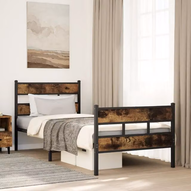 Berkfield Home Metal Bed Frame in Smoked Oak Brown, W: 107 cm, L: 203 cm