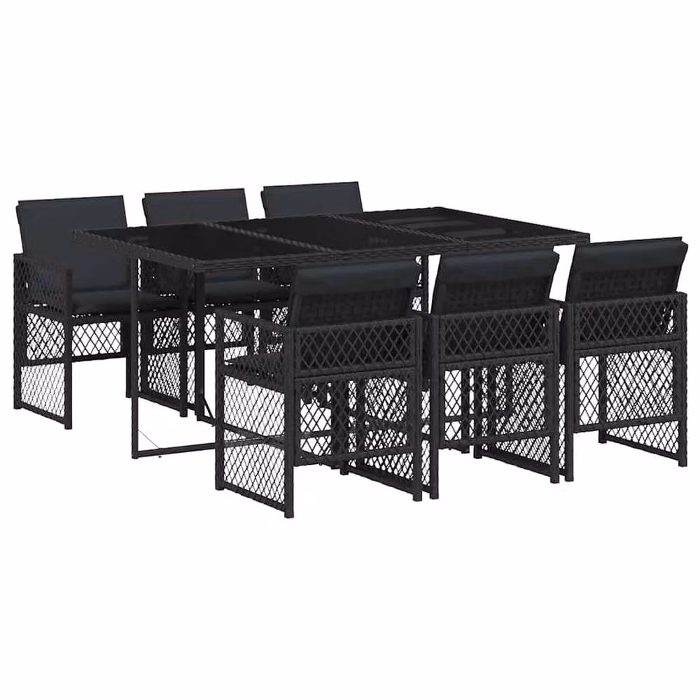 Berkfield Home 7 Piece Black Poly Rattan Garden Dining Set with Cushions and Glass Top – 2