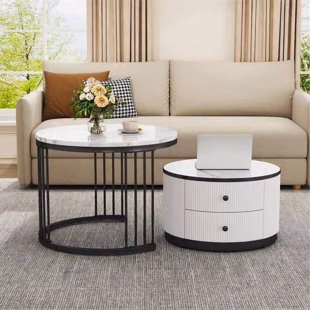 ModernLuxe High Gloss Nesting Coffee Table Set of 2 with Storage Drawers in White and Multicolour, W/D/H: 60.0 x 45.5 x 20.0 cm