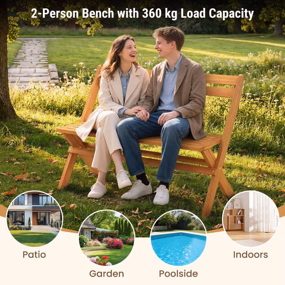 Costway Folding Acacia Wood Outdoor Bench for 2 People with Backrest and Slatted Seat in Natural Brown – 7