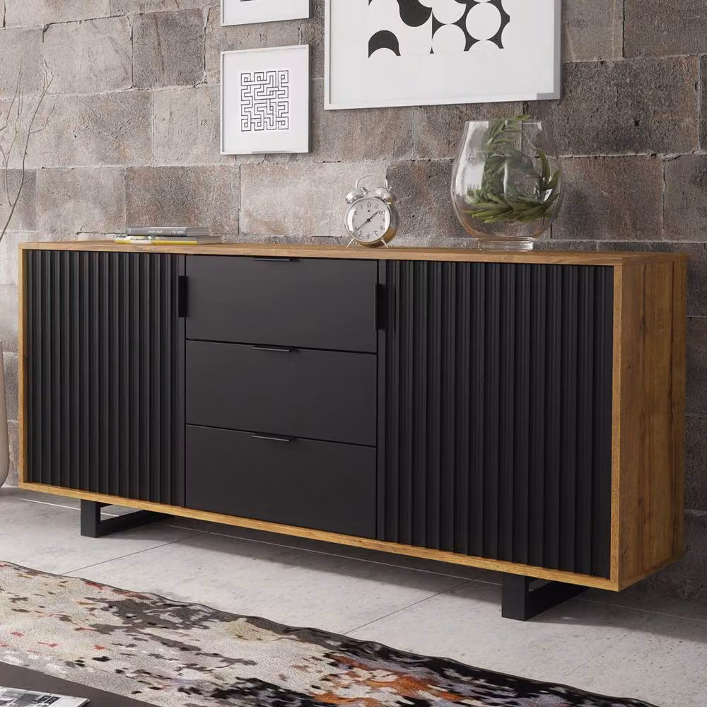 Creative Furniture Blackridge Sideboard in Dark Oak and Black with Fluted Doors and Drawer, W: 140 cm, H: 75 cm, D: 35 cm – 6