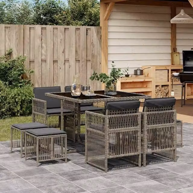 Berkfield Home 9 Piece Grey Poly Rattan Garden Dining Set with Cushions – 1