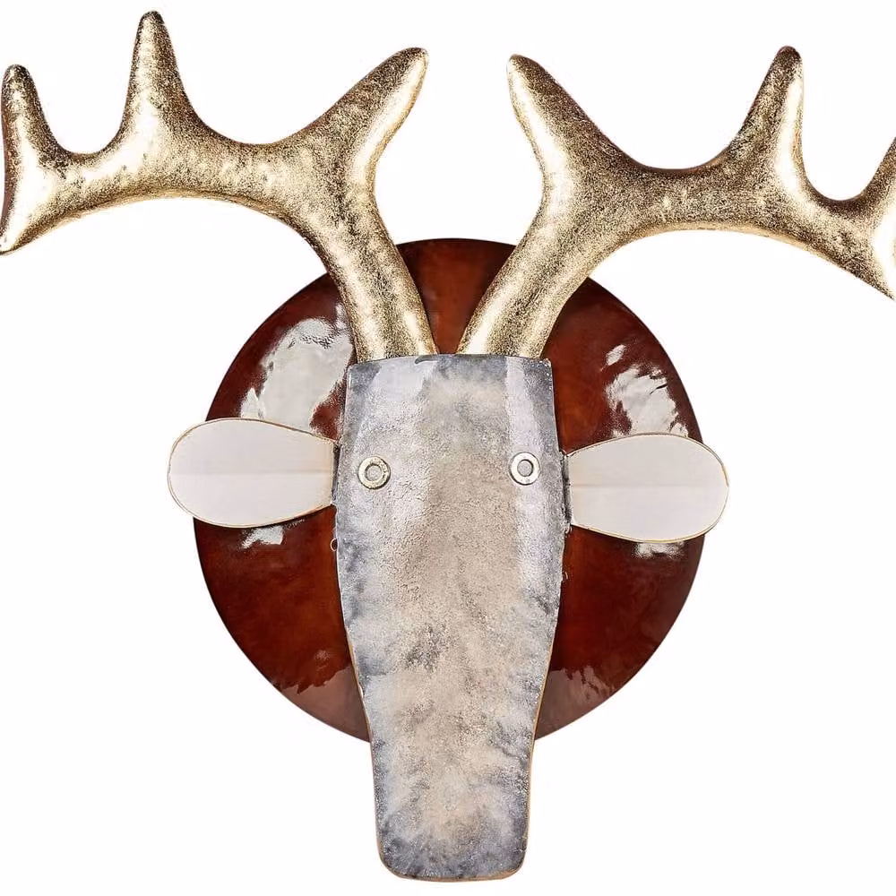Wyld and Coco Round Metal Animal Wall Art in Multicolour, Gold and Red Rustic Geometric Decor – 2
