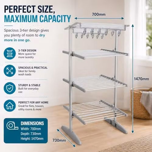 GlamHaus Digital Heated Clothes Airer with Cover in Silver, 300W Electric Drying Rack with Adjustable Temperature Control and 9-Hour Timer – 1