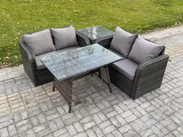 Fimous 4 Piece Wicker Rattan Outdoor Garden Furniture Set with Rectangular Dining Table in Dark Grey