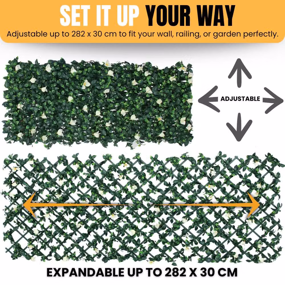 Novecrafto Expanding Artificial Hedge Privacy Trellis with Leaves and Flowers in White, Green and Purple, W: 282 cm, H: 30 cm – 5