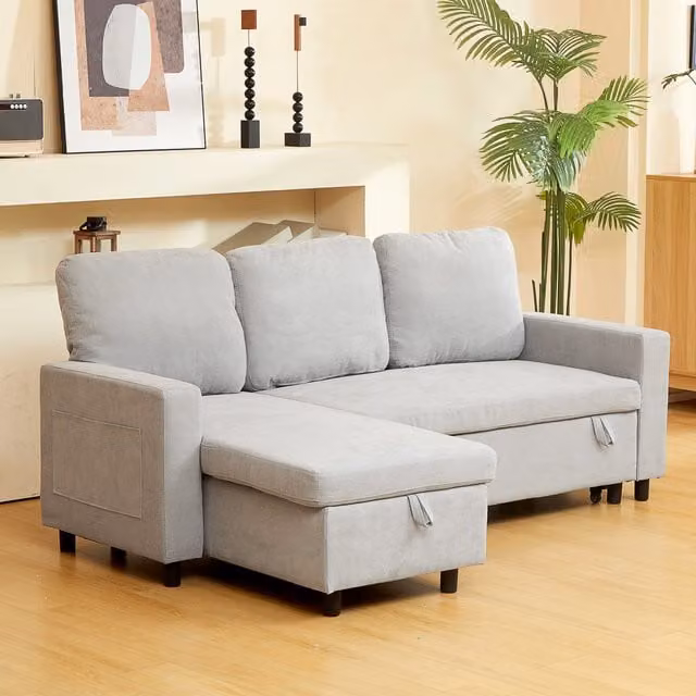 HOMCOM 3 Seater L-Shape Corner Sofa Bed with Pull Out Drawer and Storage in Light Grey
