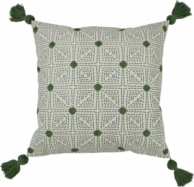 Chia Tufted Cotton Square Cushion in Green with Feather Filling