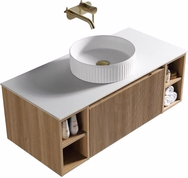 Bathroom Kingdom Flauto Oak Wall Hung Basin Drawer Vanity, Brown – 1