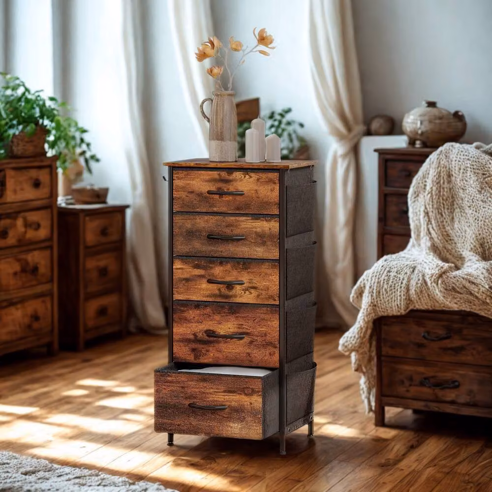 FURNOS Industrial 5 Fabric Drawer Chest Storage Unit in Rustic Brown, W/D/H: 94.5 x 30 x 45 cm – 3